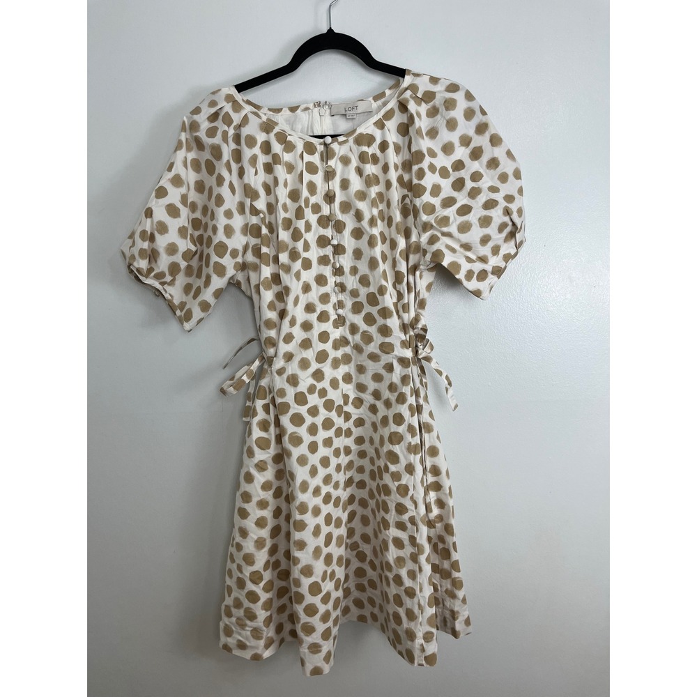 NEW LOFT Boho Polka Dot Puff Sleeve Dress Women 12 White Tan Cotton Bows